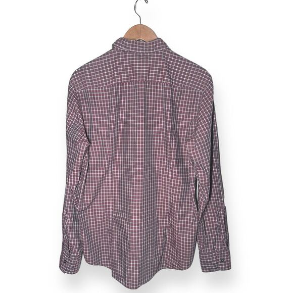 HUGO BOSS Plaid Button Up Shirt Windowpane Pattern Slim Fit Burgundy Red Large - Picture 7 of 9